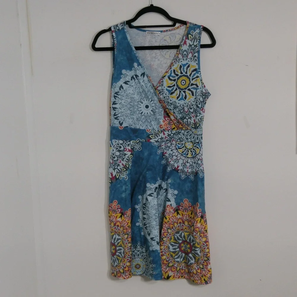 GUBERRY Women Faux Wrap‎ Dress Medium Blue Mandala Boho Aesthetic